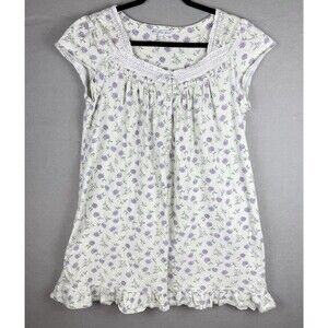 Eileen West L Short Cotton Nightgown Light Green With Purple Floral Print & Lace